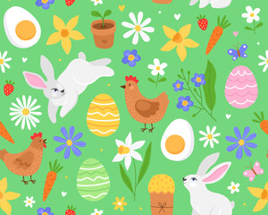 Obraz premium Seamless pattern for Easter day. Cute easter illustrations on a green background.Bunnies, spring flowers, Easter eggs, chickens and carrots. 