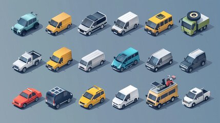 Flat 3d isometric high quality city transport car icon set. Bus, bicycle courier, Sedan, van, cargo truck, off-road, bike, mini and sport cars. Urban public and freight vehihle