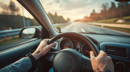hands of car driver on steering wheel, road trip, driving on highway road 