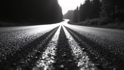 Winding Asphalt Road Through Forest- Black, White