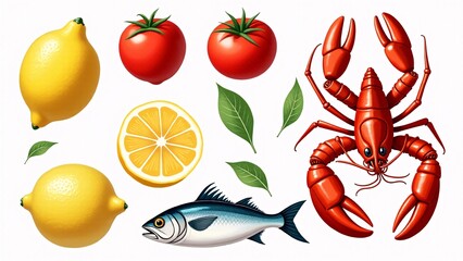 Fish And Seafood Ingredients On White