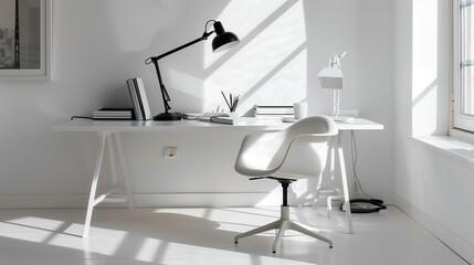 Modern minimalist white office desk setup with ergonomic chair and stylish accessories