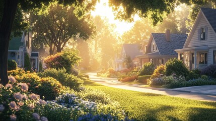 Obraz premium A serene neighborhood bathed in golden sunlight, featuring charming houses surrounded by lush gardens and colorful flowers.