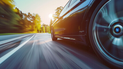 Modern car fast drive on asphalt road at sunset 