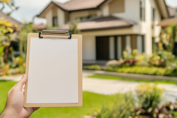 Close-up of a hand holding a blank clipboard in front of a modern suburban house with blurred background, Concept of real estate, home inspection and property assessment.
