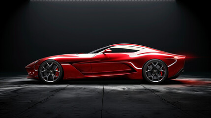 Modern red sports car in a spotlight on a black background.