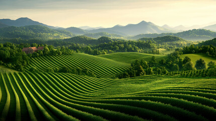 Breathtaking view of lush green hills and winding vineyards.
