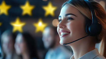 Smiling female customer service representative wearing a headset with glowing five stars rating symbols in background, Concept of support, satisfaction, communication and service excellence.