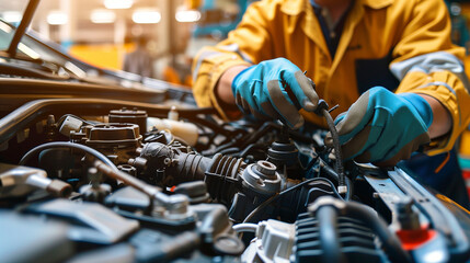 Professional mechanic working on the engine of the car in the garage. Car repair service.