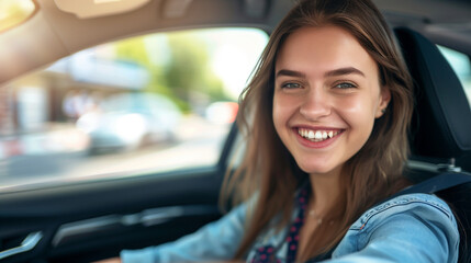 Portrait of smiling young woman driving a car 