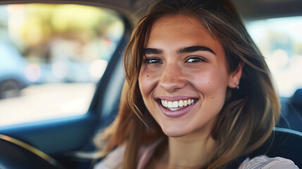 Portrait of smiling young woman driving a car 