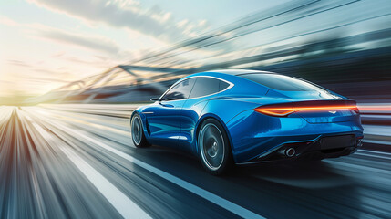 Rear view of blue Business car on high speed in turn. Blue car rushing along a high-speed highway. Generative AI