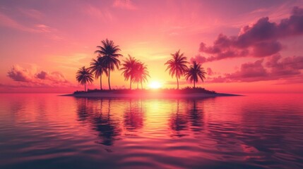 A serene tropical sunset with palm trees silhouetted against vibrant pink and orange skies, reflecting beautifully on calm waters.