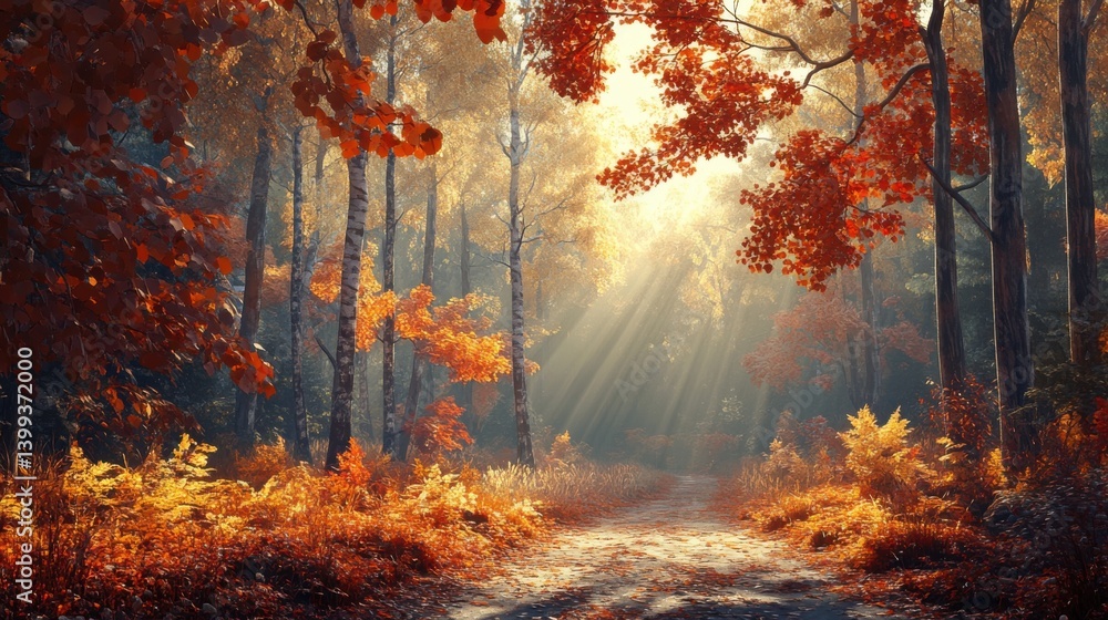 Poster a serene forest scene in autumn, featuring vibrant foliage and sun rays filtering through the trees,