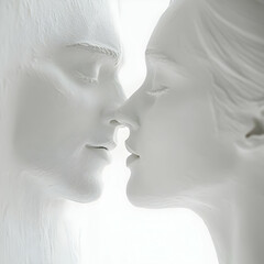 Plaster sculptures of man and woman locked in intimate embrace, noses touching, expressing emotional connection through tender, gentle kissing gesture