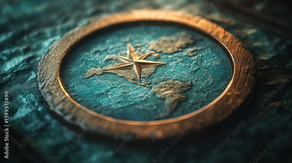 Poster a detailed compass design featuring a world map, emphasizing exploration and navigation on a texture