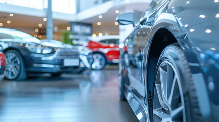 Selective focus grey car parked in luxury showroom. Car dealership office. New car parked in modern showroom. Car for sale and rent business concept. Automobile leasing and insurance background. 