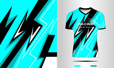 Dynamic racing jersey design featuring bold turquoise and black lightning patterns