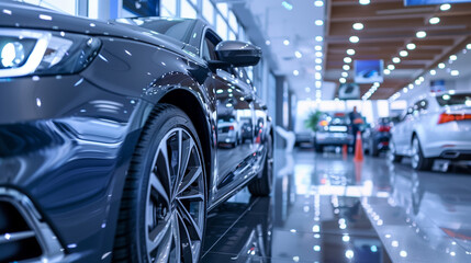 Selective focus grey car parked in luxury showroom. Car dealership office. New car parked in modern showroom. Car for sale and rent business concept. Automobile leasing and insurance background. 