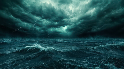 Fototapeta premium Dark Stormy Sea Under Ominous Clouds with Lightning Strikes and Turbulent Water Waves