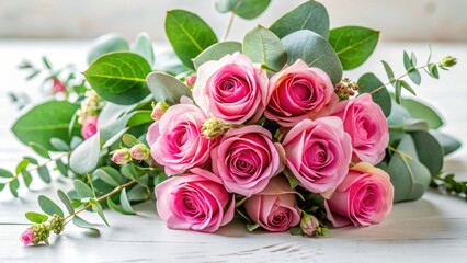 A white background showcases a casually arranged bouquet of pink roses and eucalyptus, captured candidly.