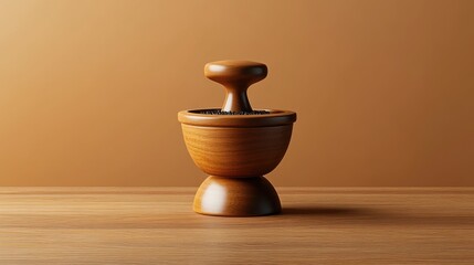 A wooden object with a rounded base and handle, possibly used for grinding or mixing, set against a warm, neutral background.