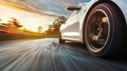White car speed driving on asphalt road at daytime