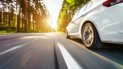 White car speed driving on asphalt road at daytime