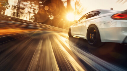 White car speed driving on asphalt road at daytime -