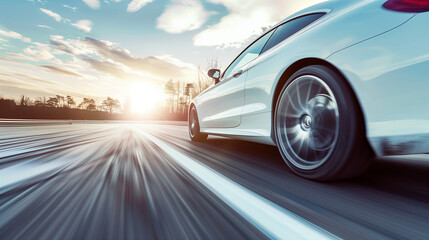 White car speed driving on asphalt road at daytime -