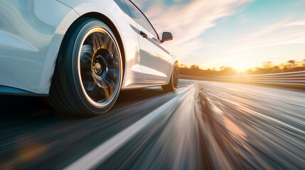 White car speed driving on asphalt road at daytime -