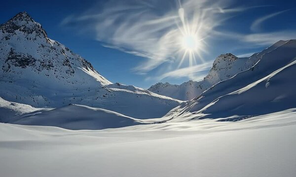 Snow-covered mountains under a bright sun and blue sky, with clouds. Vast, white, and serene winter landscape