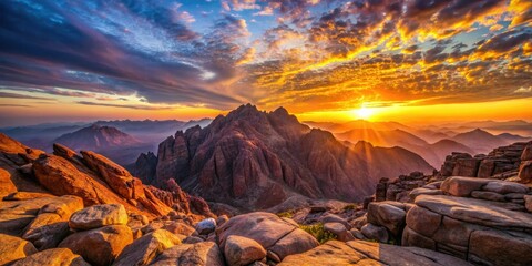 Biblical Mount Sinai's breathtaking sunrise, bathed in desert light, a long exposure reveals its majesty.