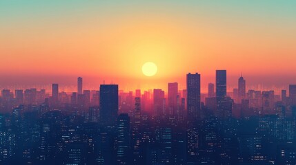Fototapeta premium A stunning city skyline at sunset, displaying silhouettes of buildings against a vibrant orange and blue sky.