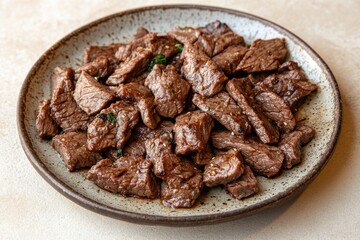 Fototapeta premium Plate of Korean grilled beef garnished with herbs. Concept of Korean grilled beef, showcasing succulent bulgogi served in an appetizing presentation on beige countertop.