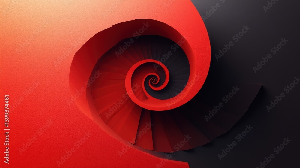 Poster a vibrant spiral staircase in red and black, showcasing a dynamic modern design with a focus on curv