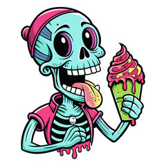 funny vector design t-shirt streetwear skeleton eating ice cream