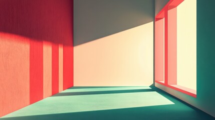 A vibrant, minimalistic interior space with geometric shapes, colorful walls, and dynamic shadows created by natural light through windows.