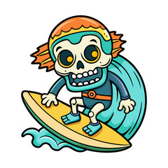 Vector tshirt design of a skeleton surfing on a wave
