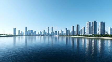 Fototapeta premium Panoramic View Of Modern City Skyline Reflecting On Calm Water