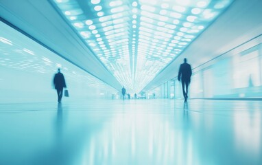 People Walking in Futuristic Tunnel with Bright Lights
