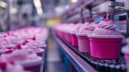 Advanced machinery fills vibrant pink cups with smooth ice cream, while the factory hums with activity and the delightful aroma of sweet flavors fills the air