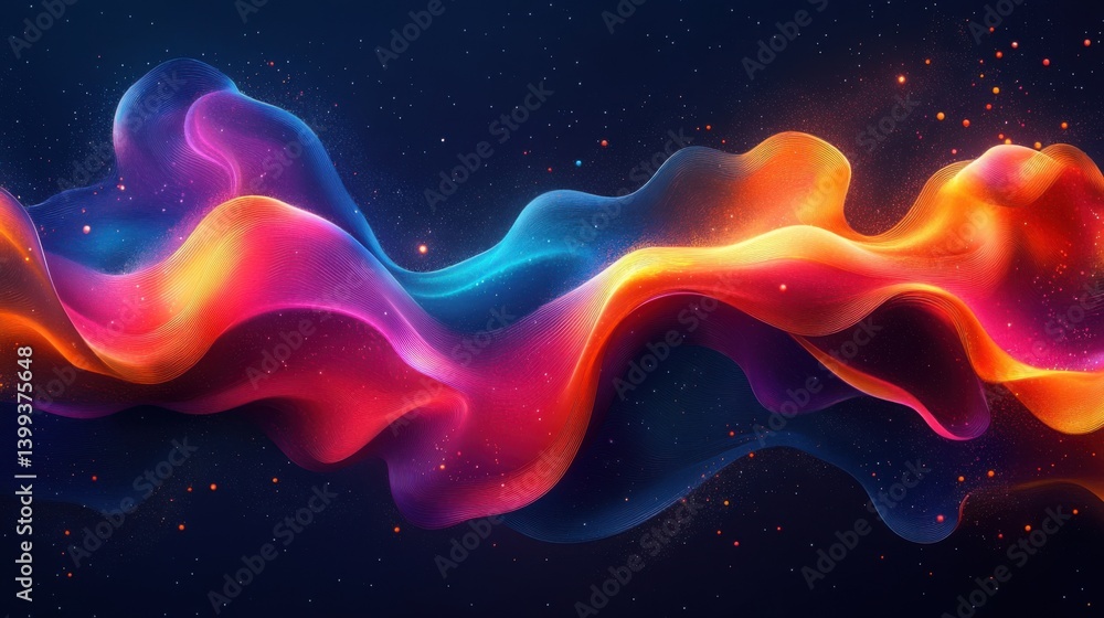 Poster a vibrant, flowing abstract design featuring waves of colorful light against a dark background, crea