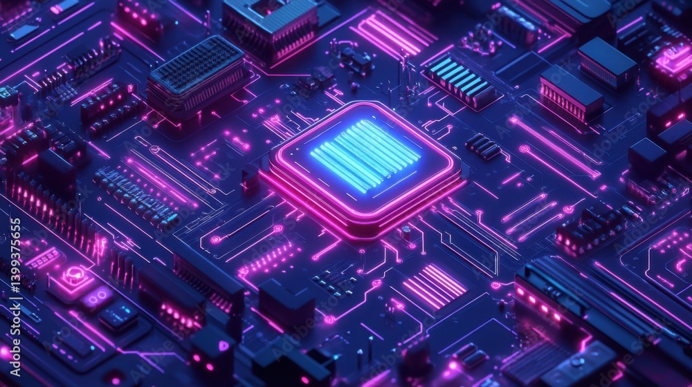Poster a vibrant close-up of a circuit board with neon colors, featuring a central processor and intricate 