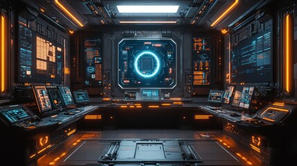 Futuristic command center with illuminated screens and advanced technology © stock.finder