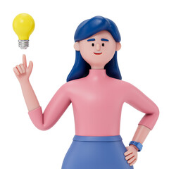woman holding a lightbulb, symbolizing a new idea or inspiration. 3D rendering, conceptual image. Isolated on white background.