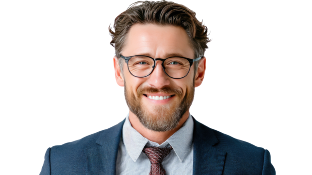 Confident Business Portrait: A distinguished gentleman, donned in formal attire and spectacles, beams with an air of competence. Perfect for conveying professionalism and corporate success.