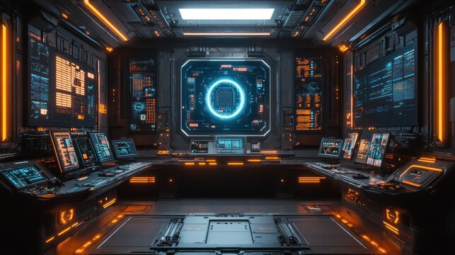Futuristic command center with illuminated screens and advanced technology