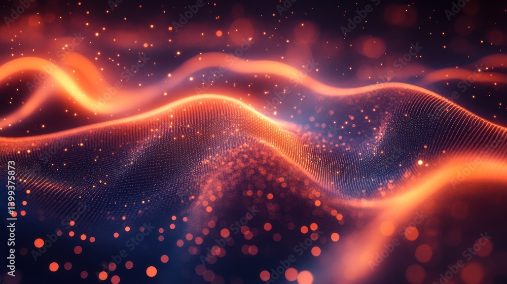 Poster abstract digital waves with glowing particles, creating a vibrant and dynamic visual effect, resembl