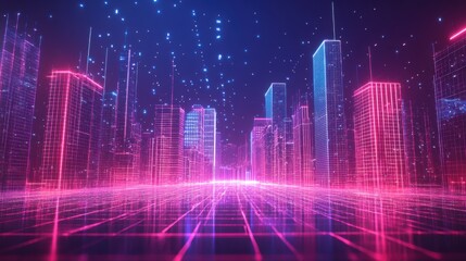 Fototapeta premium A vibrant digital cityscape featuring glowing skyscrapers, neon lights, and a futuristic grid, creating a surreal and immersive urban environment.